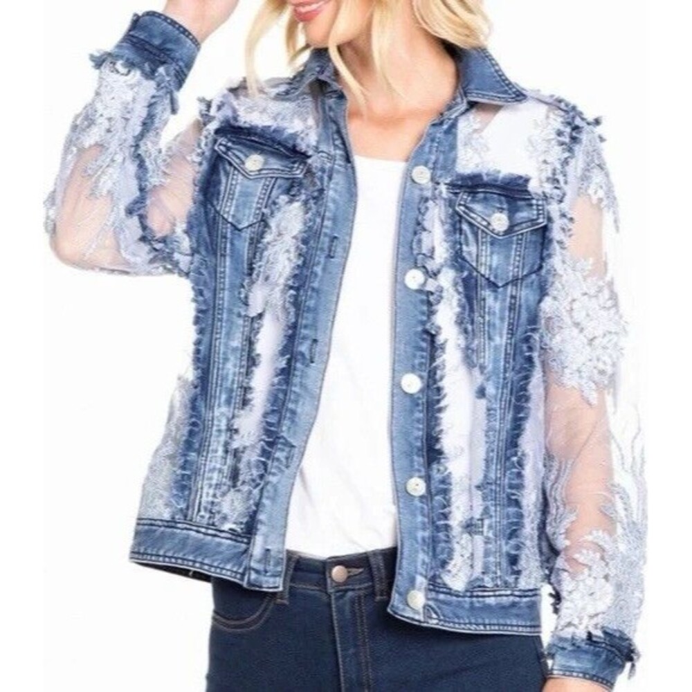 A.Z.I Sheer Lace Embroidered Women's Jean Jacket Blue White L